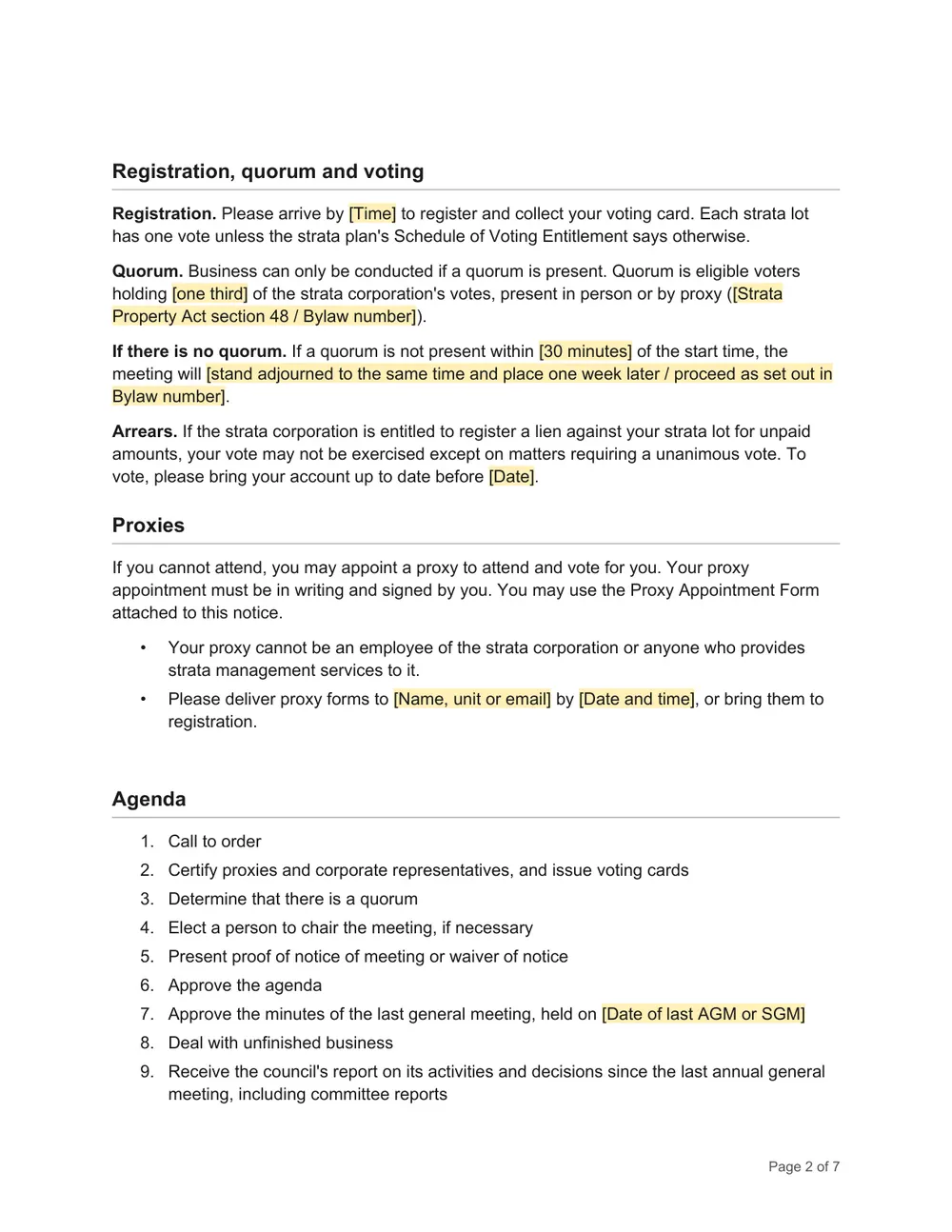 Page 2 of the BC Strata AGM Notice Template